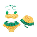 3 Pcs Girl Pineapple Pattern Halterneck Swimsuit And Bathing Cap