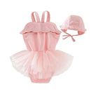 2 Pcs Girl Pink Patchwork Swimwear And Swimming Cap