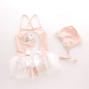 2 Pcs Girl Swan Printed Patchwork Swimwear And Cap