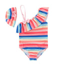 2 Pcs Girl Multicolor Stripes One-shoulder Swimwear And Cap