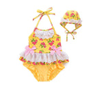 2 Pcs Girl Strawberry Printed Halterneck Swimwear And Bathing Cap