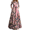Elegant Women Round Collar Sash Floral Print Party Maxi Dress