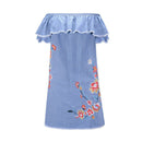 Fashion Women Off-the-shoulder Ruffled Embroidery Design Raw Hem Denim Dress