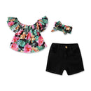 3 Pcs Girl Flower Print Off-shoulder Tops And Denim Shorts And Headband