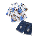 2 Pcs Girl Rose Print Spaghetti Strap Tops And Denim Shorts