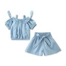 2 Pcs Girl Spaghetti Strap Denim Short Sleeves Tops And Shorts Set