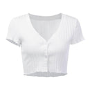 Women Fashion V Neck Short-sleeve Button Design Knitted Crop Top