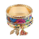 Women Multilayer Bohemian Style Colorful Beads Leaf Tassel Design Bangles