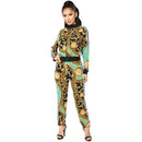 Fashion Long-sleeve Floral Print Women Zipper Pattern Workout Two-pieces Set