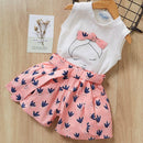 2 Pcs Girls Cute Sleeveless T-shirt And Flower Print Shorts