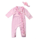 2 Pcs Baby Girl Pink Flower Pattern Long Sleeves Jumpsuit And Headwear