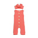2 Pcs Baby Girl Cotton Candy Color Button Design Jumpsuit And Headband