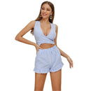 Fresh Stripes Print Women Sleeveless Crossing Design Tank Top Flouncing Shorts Set