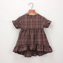 Girls Plaid Print Ruffle Sleeves Irregular Dresses