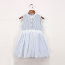 Girls Cotton Blue Stripes Print Standing Collar Lace Dresses