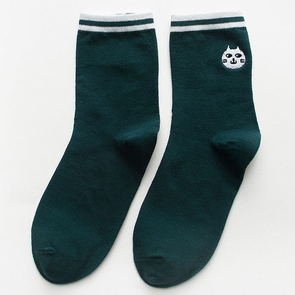 10pairs/set Simple Cat Embroidery Detailing Cotton High Socks
