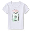 Girls Short Sleeves Perfume Rose Print White Tees