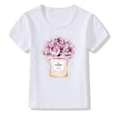 Girls Short Sleeves Perfume Rose Print White Tees