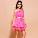 Bright Pink Strapless Pleated Design Women Cocktail Party Mini Tutu Dress
