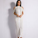 Elegant Mock Neck Unique Off-shoulder Women Pearl Detailing Slit Midi Dress