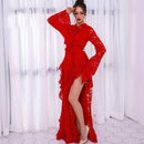 Irregular Flouncing Hemline Women Flare Sleeve Solid Color Lace Party Dress