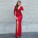Women Elegant Long-sleeve Solid Color V Neck Side-slit Floor-length Party Wrap Dress