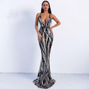 Irregular Stripe Pattern Women Backless Spaghetti Strap Fishtail Evening Party Dress