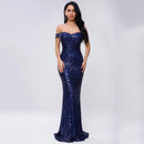 Women Sexy Off-shoulder Design Unique Sequin Decor Fishtail Maxi Party Dress