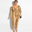 Plus Size Women Unique Snakeskin Print Long-sleeve U Neck Jumpsuits
