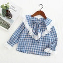 Cute Girls Lace Design Plaid Print Long Sleeves Tops