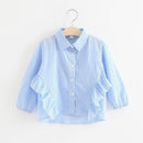 Girls Blue Stripes Print Long Sleeves Ruffle Design Blouse