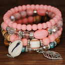 Women Boho Style Multilayer Contrast Beaded Design Alloy Leaf Decor Bracelets Set