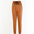 Modern Lady Fashion Solid Color PU Drawstring Pattern Jogger Pants
