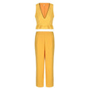 Women Fashion V Neck Flounce Sleeveless Crop Top High-waisted Straight Pants Two-piece Set