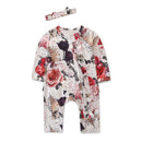 2 Pcs Set Baby Girl Flower Print Patchwork Long Sleeves Jumpsuit And Headband