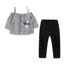 2 Piece Set Girl Flower Stripes Print Off-shoulder Tops And Pants
