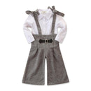 2 Piece Set Girl White Long Sleeves Blouses And Plaid Loose Overalls