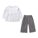 2 Piece Set Girl White Round Neck Tops And Plaid Print Pants