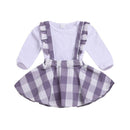 2 Pcs Set Baby Girl Cotton White Bodysuits And Plaid Print Skirts Overalls