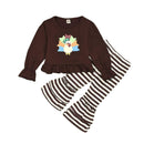 2 Pcs Set Thanksgiving Day Baby Girl Turkey Print T-shirts And Stripe Pants