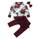 3 Pcs Set Baby Girl Bright Flower Print Round Neck Tops And Ruffle Design Pants With Headband