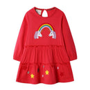 Hot Sale Girl Long Sleeves Rainbow Unicorn Red Dress