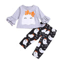 2 Pcs Set Baby Girl Cotton Ghost Print Flare Sleeves Tops And Casual Pants