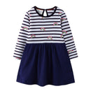 Girl Cotton Patchwork Strip Rainbow Print Round Neck Dress