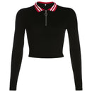 Fashion Women Lapel Long-sleeve Zipper Figure Flattering Cropped T-shirt