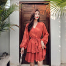 Women Fashion Lantern Sleeve Polka Dot Print Defined Waist Chiffon Dress