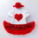 2 Pcs Set Baby Girl Cotton Love Mom Print Patchwork Bodysuit And Headband