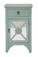 Corner Cabinet - 18" X 13" X 30" Turquoise MDF, Wood, Mirrored Glass Cabinet with a Drawer and a Door