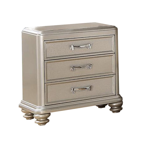 3- Drawer Wooden Night Stand With Bun feet Silver-Nightstands and Bedside Tables-Silver-Poplar MDF Plywood-JadeMoghul Inc.