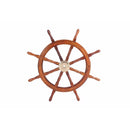 36" Teak Wood Ship Wheel with Brass Inset and Eight Spokes, Brown and Gold-Decorative Objects and Figurines-Brown and Gold-Teak Wood and Brass-JadeMoghul Inc.